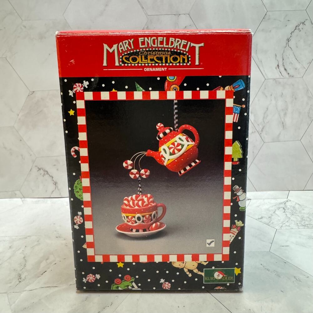 Vintage Ornament Kurt S Adler Mary Engelbreit Christmas Teapot Teacup Set NOS